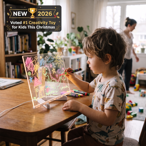 A young child sits at a wooden table drawing on a glowing transparent acrylic board with a marker. The scene is set in a cozy, sunlit room with a bookshelf, plants, and toys in the background.